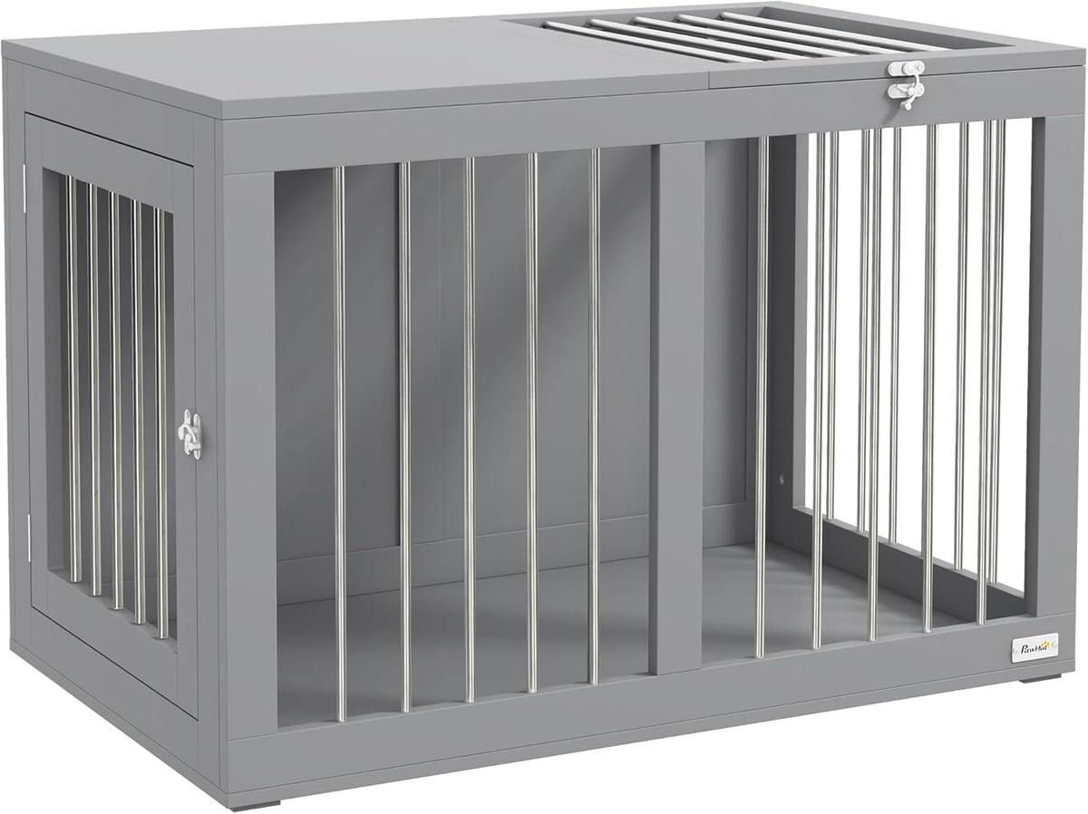 PawHut Hondenkooi, meubel met 2 deuren, staal, hondenbox voor thuis, binnen, hondenhok voor middelgrote honden tot 20 kg, bijzettafel, hondenhuis, 80 x 50 x 56,5 cm, grijs