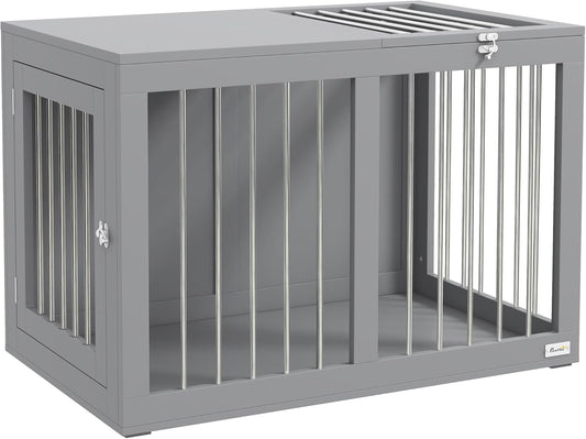 PawHut Hondenkooi, meubel met 2 deuren, staal, hondenbox voor thuis, binnen, hondenhok voor middelgrote honden tot 20 kg, bijzettafel, hondenhuis, 80 x 50 x 56,5 cm, grijs