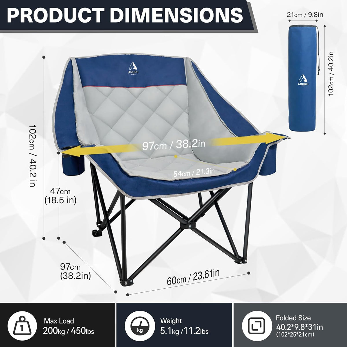 Extra grote XL campingstoel voor volwassenen, zwaar belastbaar, 204 kg ondersteuning, gewatteerde opvouwbare gazonstoelen met zijvak, bekerhouder, koeltas voor buitensporten, tuin, strand