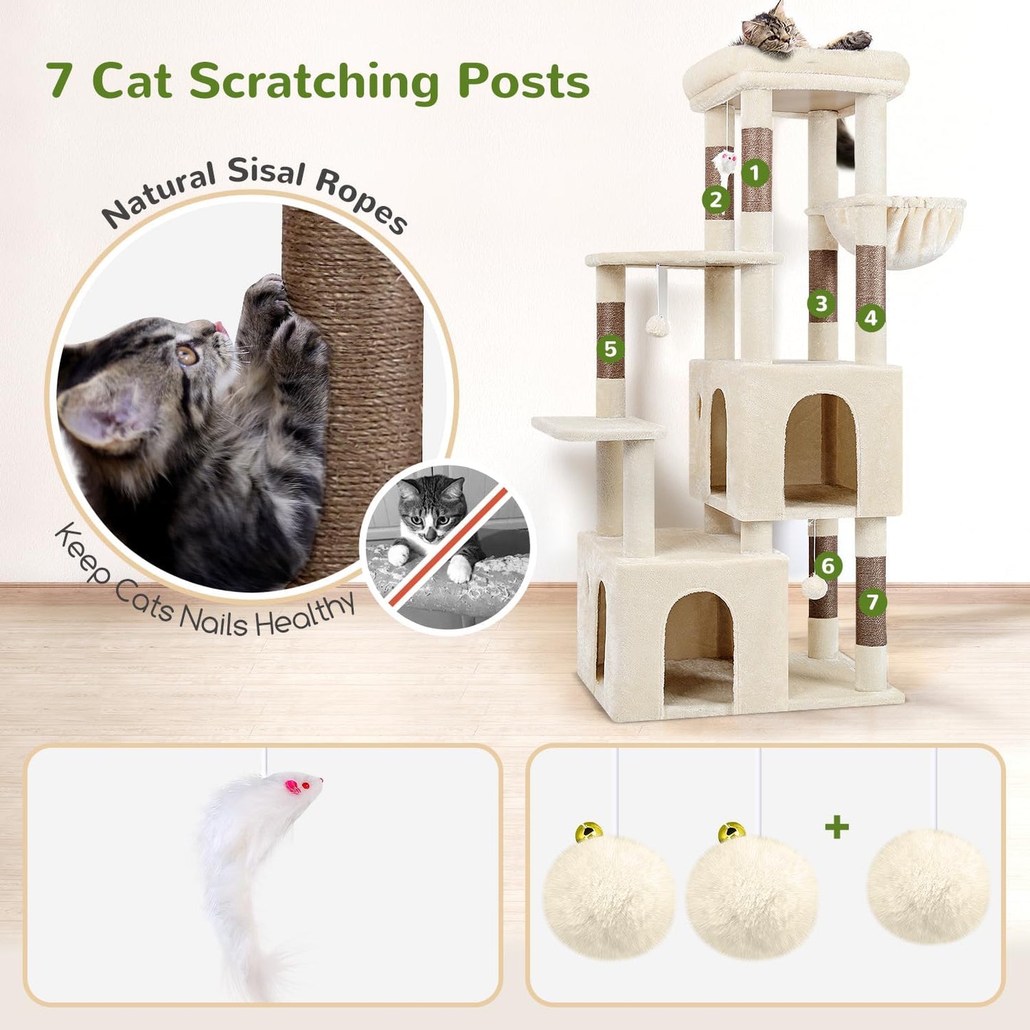 Krabpaal – Kattenboom – Kattenhuis – Krabmeubel – Klimpaal – Grote Basis 72x45 cm – 2 Luxe Kattenhuisjes – Hoogte 156 cm – Stabiel – Sisal Krabpalen – Anti-Omval