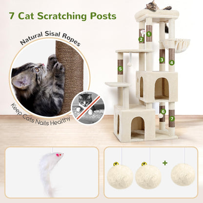 Krabpaal – Kattenboom – Kattenhuis – Krabmeubel – Klimpaal – Grote Basis 72x45 cm – 2 Luxe Kattenhuisjes – Hoogte 156 cm – Stabiel – Sisal Krabpalen – Anti-Omval