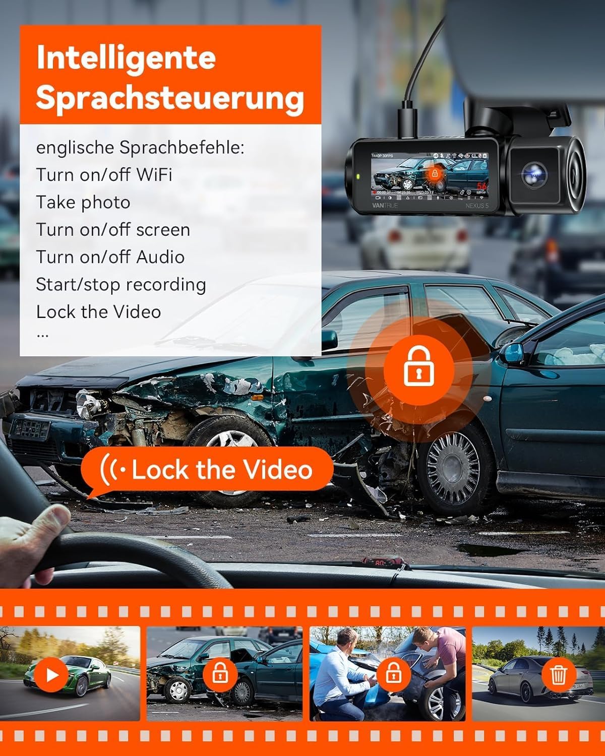 VANTRUE N5 4-kanaals dashcam auto 1944P+3×1080P/30FPS, STARVIS 2, 360° voor achter 5GHz wifi, spraakgestuurde dashcam met GPS, dubbele HDR+ WDR, 24 uur. Bufferparkeermodus, dubbel IR, max. 512G