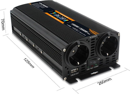Spanningsomvormer – Omvormer – Stroomomvormer – 12 V Naar 230 V Omvormer – 230 V Omvormer – 1500 W / 3000 W – LCD-Display Met 2 Stopcontacten En 1 USB