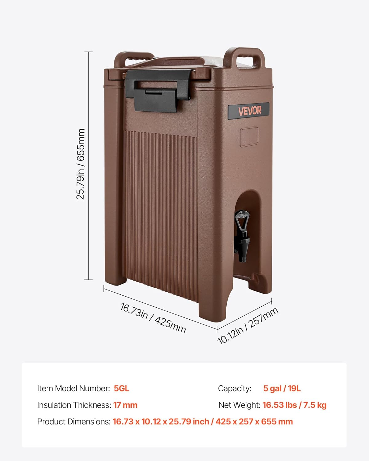 VEVOR Geïsoleerde drankdispenser, 19 l, warme en koude drankdispenser met tapkraan en handvat, voedselveilige thermische drankdispenser, koeler voor thee, koffie, water in cafés en restaurants, bruin