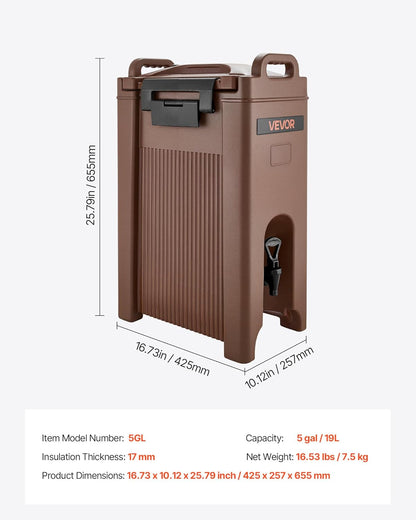 VEVOR Geïsoleerde drankdispenser, 19 l, warme en koude drankdispenser met tapkraan en handvat, voedselveilige thermische drankdispenser, koeler voor thee, koffie, water in cafés en restaurants, bruin
