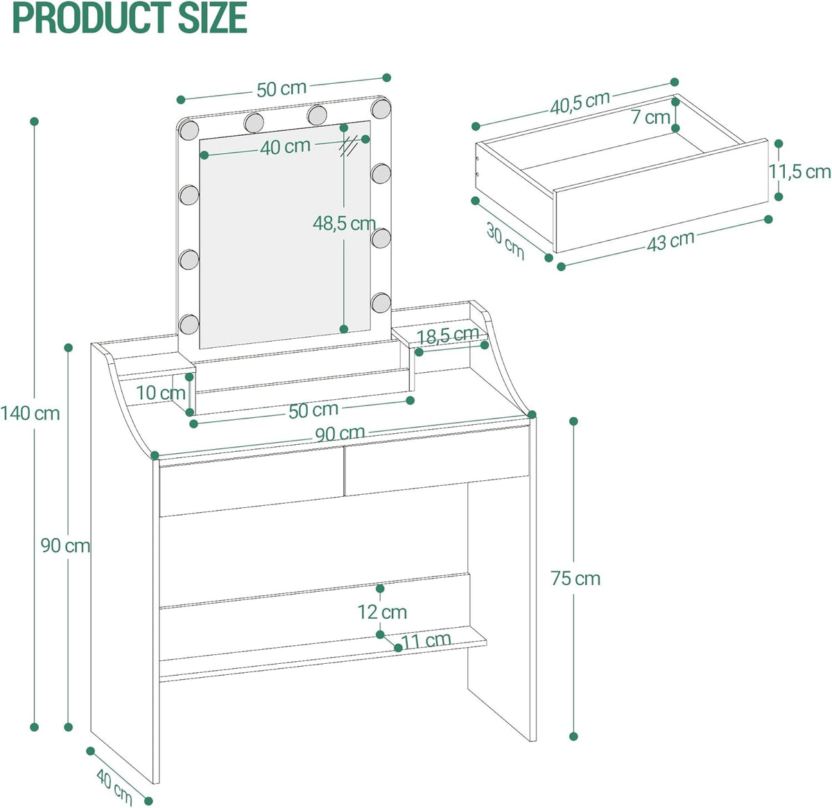 Hzuaneri Dressing Table 90cm with LED Lighting, Adjustable Brightness, Dressing Table with Mirror, Sideboard with 2 Drawers and 2 Open Compartments, Modern, WhiteDT40703X