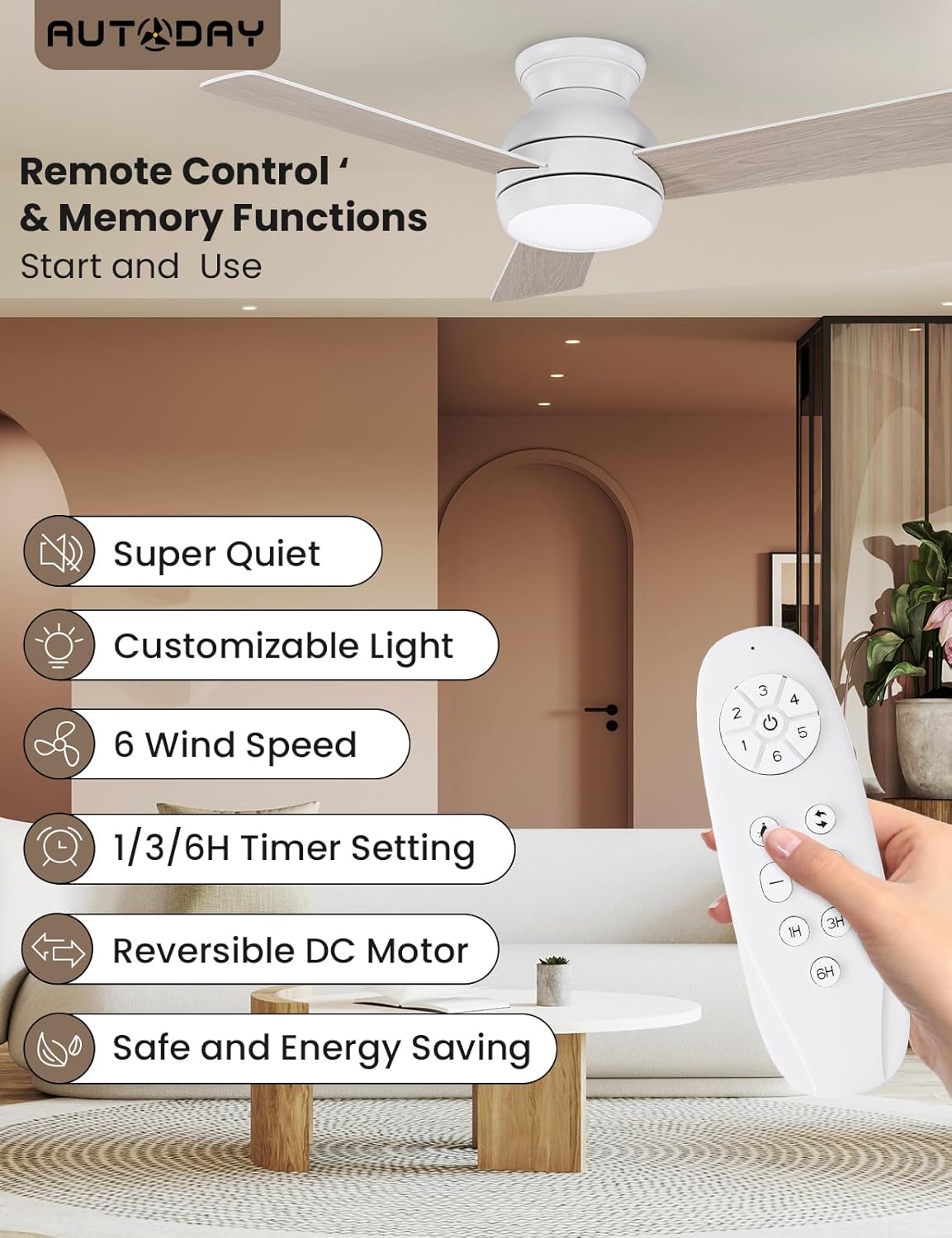 Houten plafondventilator met verlichting, afstandsbediening met geheugenfunctie, stille DC-motor 30 W, diameter 102 cm, plafondventilator outdoor, dimbare led 24 W, 3 omkeerbare bladen, 6