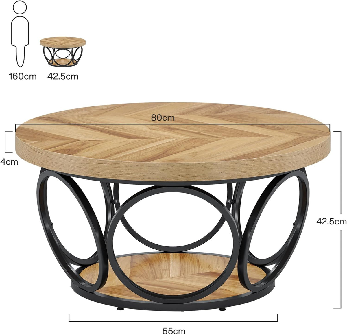 Tribesigns Round Coffee Table 80cm, Large Round Wooden Coffee Table with 2 Levels, Farm Style Living Room Table with Storage Space, Modern Industrial Tea Table in Brown Wood Grain