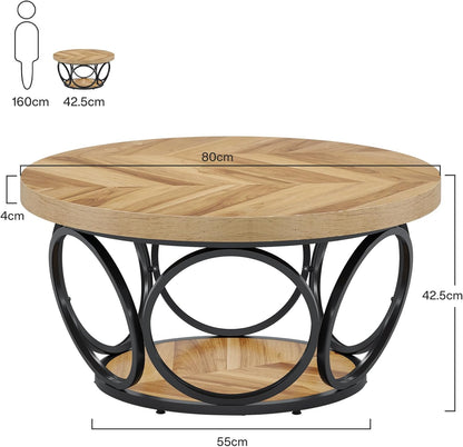 Tribesigns Round Coffee Table 80cm, Large Round Wooden Coffee Table with 2 Levels, Farm Style Living Room Table with Storage Space, Modern Industrial Tea Table in Brown Wood Grain