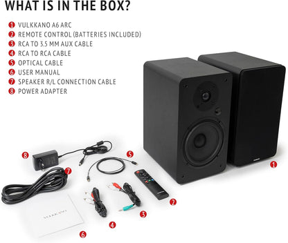 VULKKANO A6 ARC Luidspreker met 16,5 cm (6,5 inch) woofer, Bluetooth 5.0, HDMI ARC, optisch, RCA, USB, met subwoofer-uitgang, hifi-studio-monitoren met elegant design, zwart