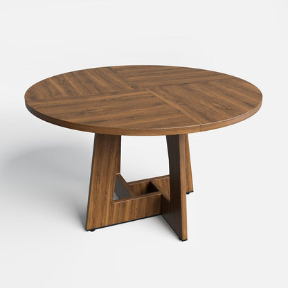 YOUDENOVA Round Dining Table 120 cm, Wooden Dining Table for 4-6 People, Rustic Kitchen Table Aesthetics with Modern Geometry Juncture Base, Rustic Brown (without Chairs) - QUORE