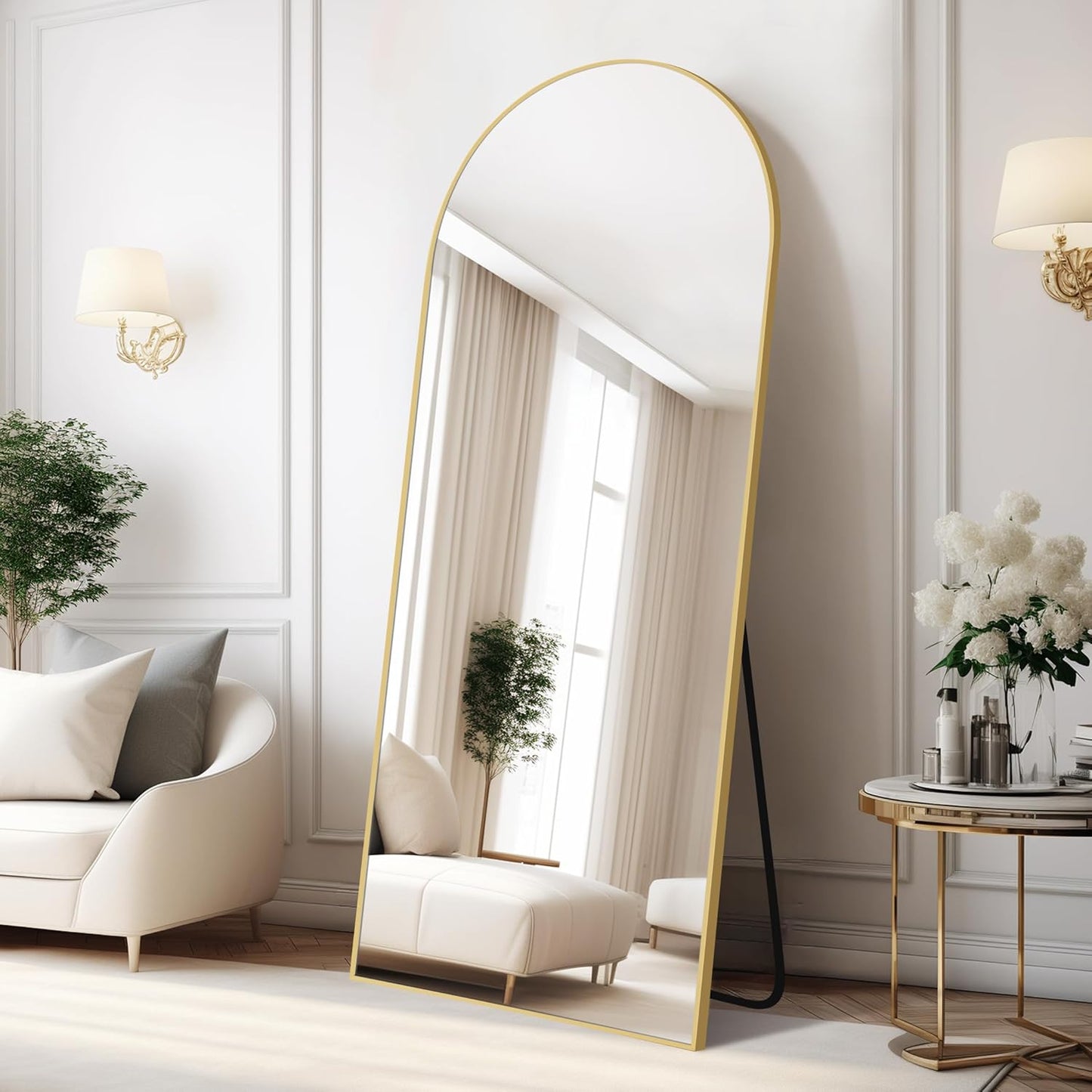 COFENY Boog full-body spiegel, 179 x 65 cm vloerspiegel met gouden frame, gewelfde staande spiegel, grote wandspiegel om te staan, leunen of hangen, vloerspiegel voor slaapkamer, woonkamer
