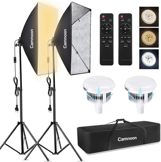 Softbox-verlichtingsset voor fotografie, studio, met 2 x 85 W, 2800 K - 5700 K, tweekleurig, LED-lichttemperatuur, 2 x 50 x 70 cm, softbox, 2 x 2 m lichtstandaard, draagtas, voor