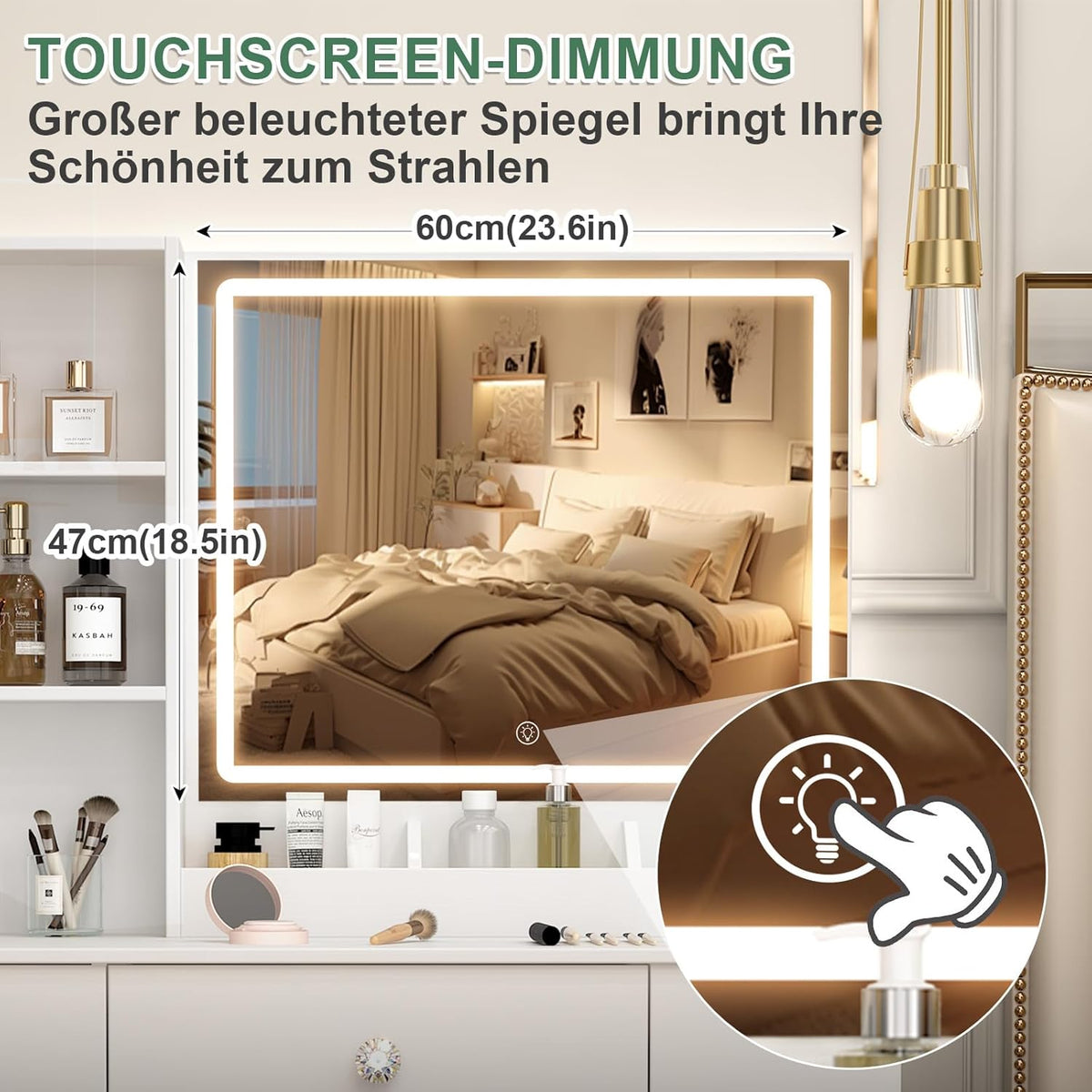 3-in-1 Bureau Kaptafel met LED Spiegel | Multifunctioneel Meubel voor Make-up, Werk & Nachtkastje | Moderne Witte Kaptafel met 4 Lades