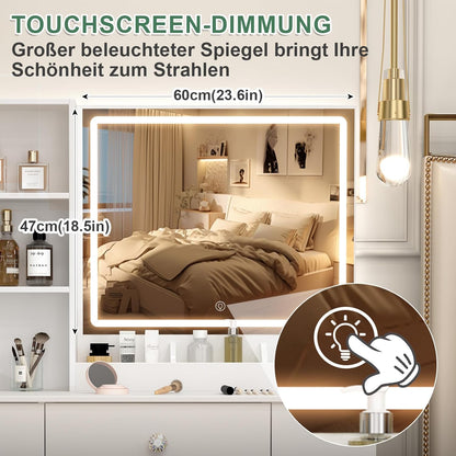3-in-1 Bureau Kaptafel met LED Spiegel | Multifunctioneel Meubel voor Make-up, Werk & Nachtkastje | Moderne Witte Kaptafel met 4 Lades