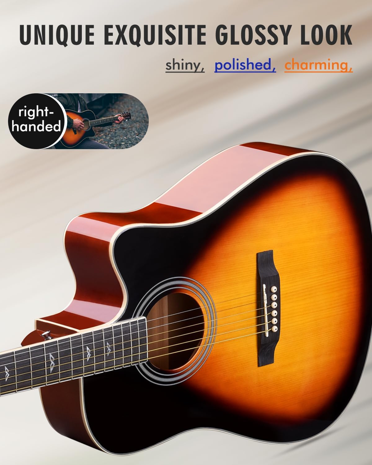 Winzz 4/4 elektrische akoestische gitaar, westerngitaarset voor volwassenen, akoestische gitaar 41 inch met 4-bands equalizer (dreadnought,glanzend)