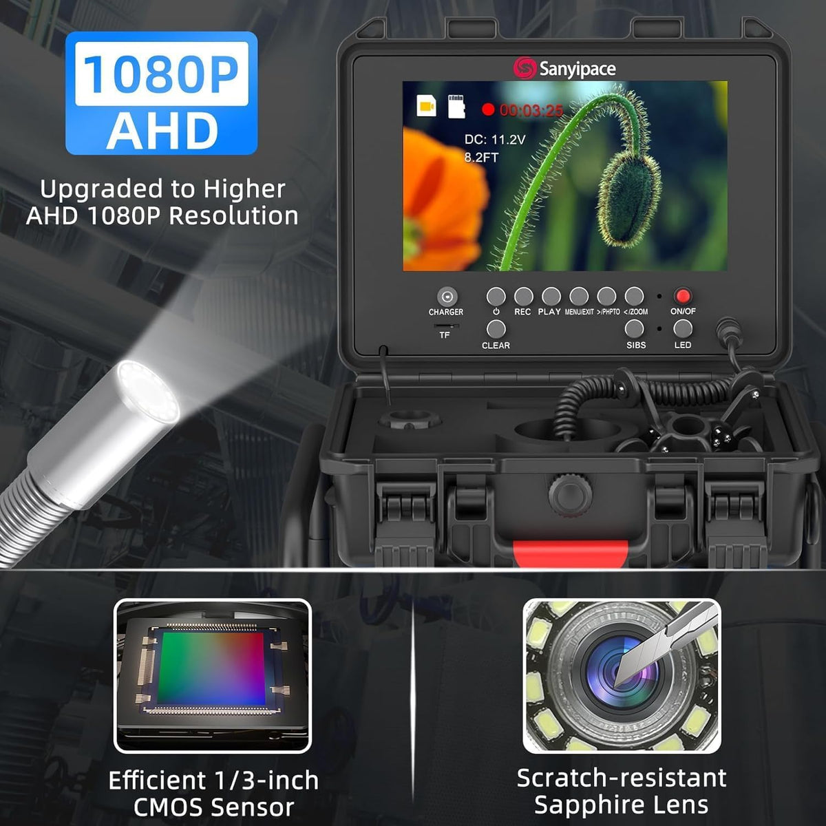 Sanyipace Kanaalinspectiecamera, HD buiscamera met meterteller, industriële endoscoopcamera met DVR-recorder, endoscoopcamera met 12 LED-licht, 9 "-1080p kleurenmonitor, 16 GB kaart inbegrepen, 50 m