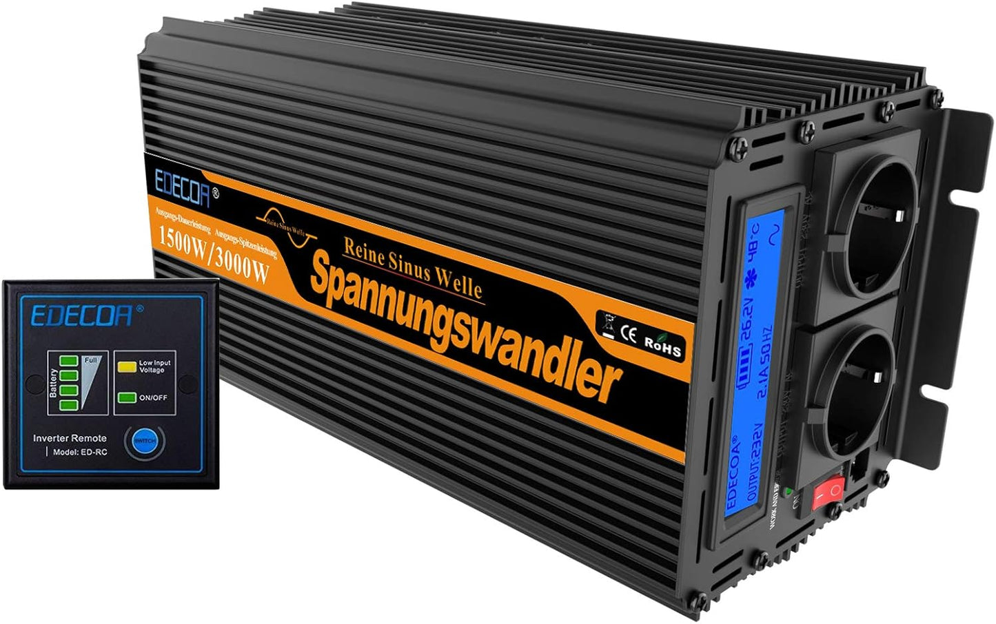 EDECOA Omvormer Zuivere Sinus 1500 W 24 V 230 V 3000W Omvormer 24V 230V Spanningsomvormer Inverter Pure Sine Wave met Afstandsbediening LCD Scherm 2 EU Stopcontact en Kabel