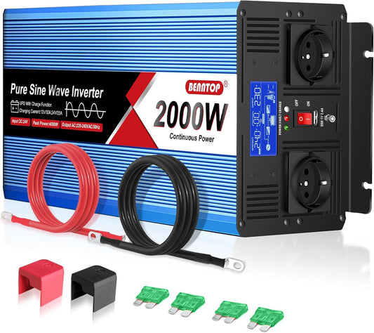 2000 W/4000 W DC 24 V naar AC 230 V zuivere sinusomvormer, spanningsomvormer met 2 AC-aansluitingen, 1 USB-aansluiting, lcd-display, voor auto en camper