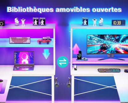 Coleshome Gaming tafel L-vorm met led en stopcontacten, 135 × 100 cm omkeerbaar gamingbureau met legplanken, hoekbureau met opbergtas voor thuiskantoor en gaming, wit