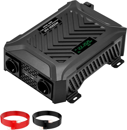 Spanningsomvormer 12V Naar 230V – Omvormer, Inverter, Spanningswandler, Zuivere Sinusomvormer – 2000W Continu / 4000W Piekvermogen – 2 EU-Stopcontacten, USB/Type-C en LCD-Display