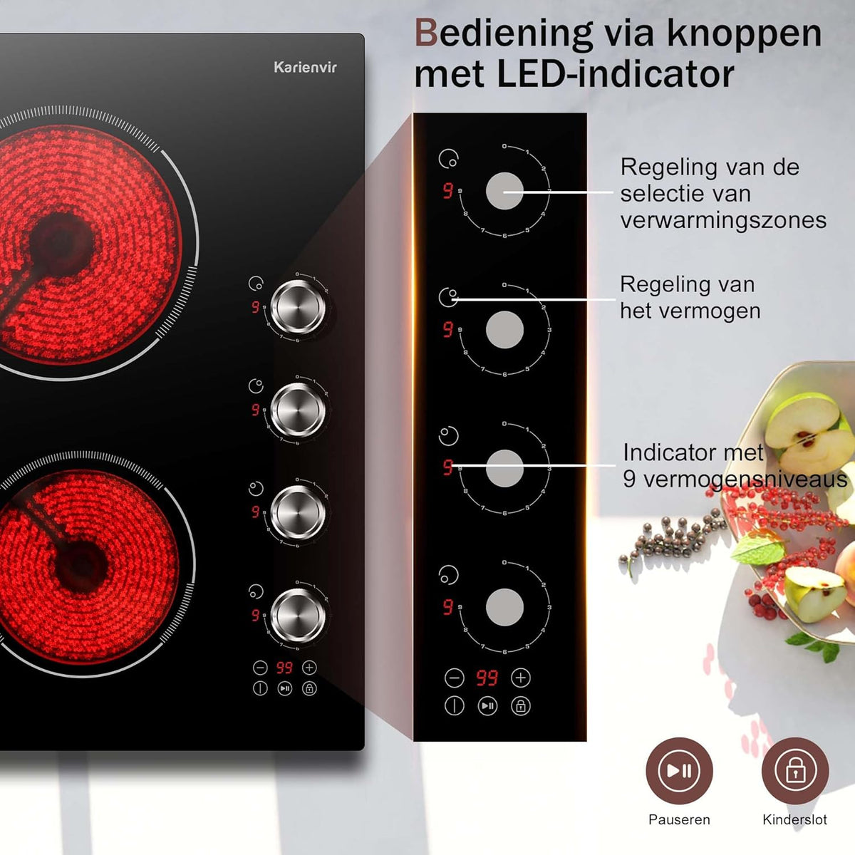 Keramische kookplaat 4 platen, knop & tiptoetsbediening, ingebouwde keramische kookplaat 60cm 6000W, elektrische kookplaat met veiligheidsvergrendeling, timer, pauzefunctie