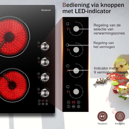 Keramische kookplaat 4 platen, knop & tiptoetsbediening, ingebouwde keramische kookplaat 60cm 6000W, elektrische kookplaat met veiligheidsvergrendeling, timer, pauzefunctie