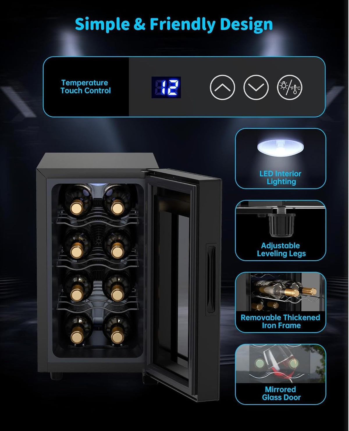WIE Wijnkoelkast, 8 flessen, drankkoelkast, 23 liter, kleine 5-18 °C, wijnkoelkast met glazen deur, volledig glazen designdeur, led-touchpaneel, anti-uv mini-wijnkoelkast