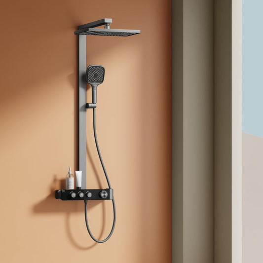 Regendouche – Doucheset – Douchekolom – Douchekraan – Handdouche – Thermostatisch – Grote 36x24 cm Regendouche – Mat Antraciet Design