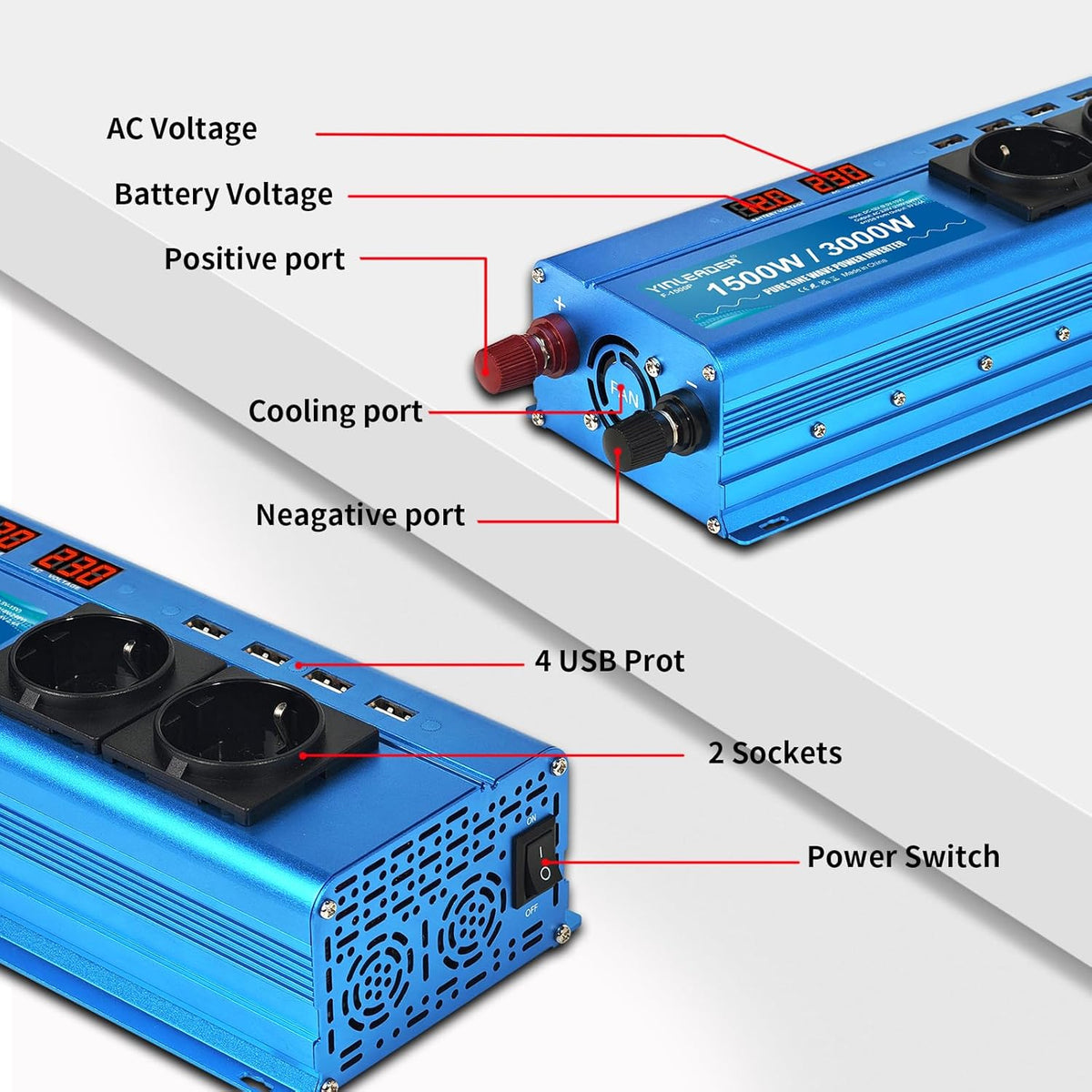 <font dir="auto" style="vertical-align: inherit;"><font dir="auto" style="vertical-align: inherit;">        Yinleader Converter, 12V, 220V, pure sine wave, 1500W, 3000W, pure power sine wave, 2 sockets 4 USB       </font></font>