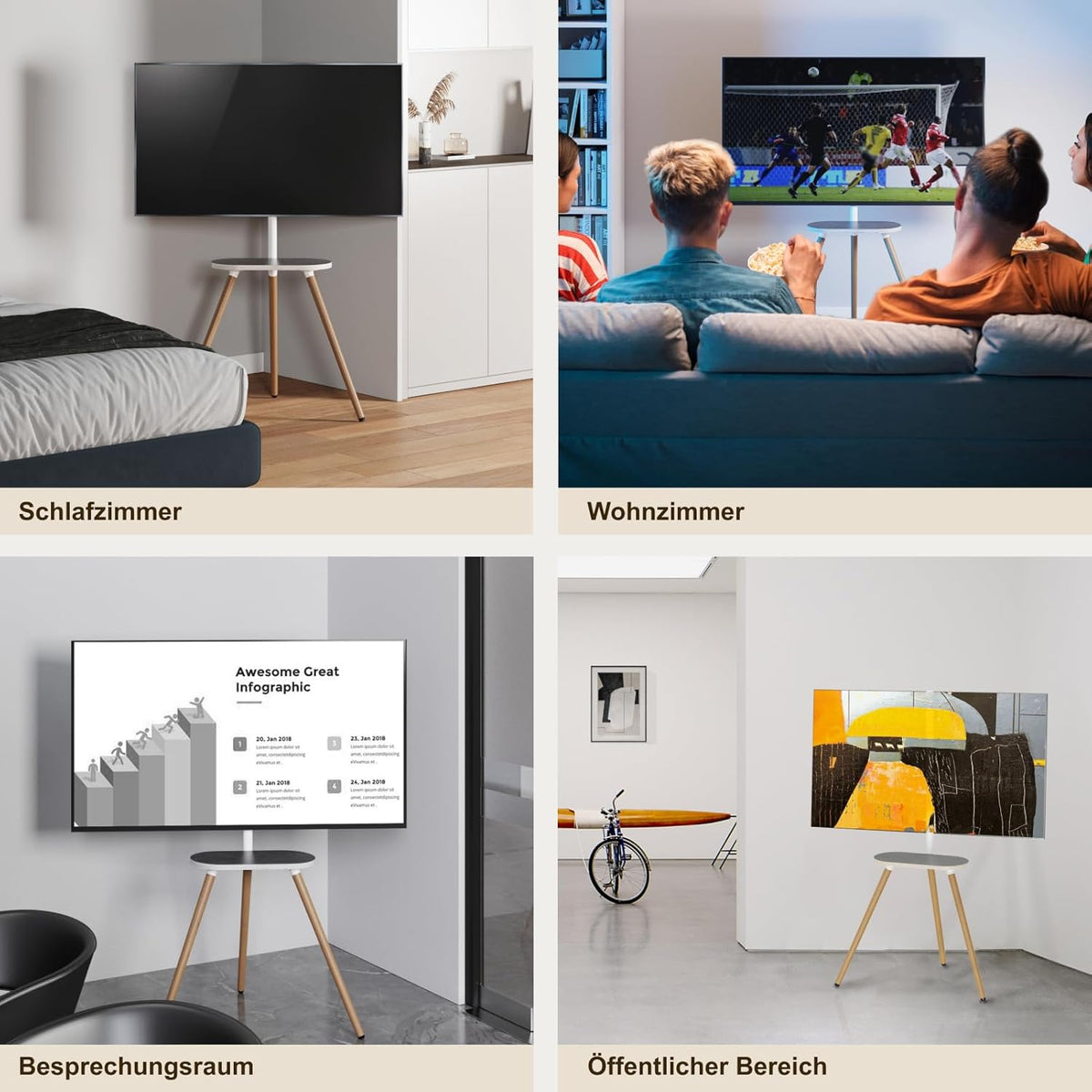 Driepotige tv-standaard voor 40 tot 65 inch lcd-led-oled-beeldscherm, in hoogte verstelbaar en draaibare vloer-tv-standaard, hoek-tv-standaard met houten blad, VESA 400 x 400 mm, wit
