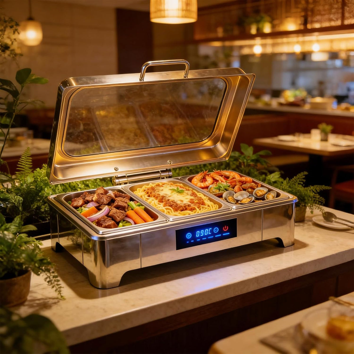 Maaltijd Chafing Dish, 9L roestvrij staal voedselwarmer met zichtbaar glazen deksel, 3 stuks roestvrij stalen warmhoudbakken voor feesten, bruiloften, buffet en feestjes (3 sets 1/3+1/3+1/3 GN