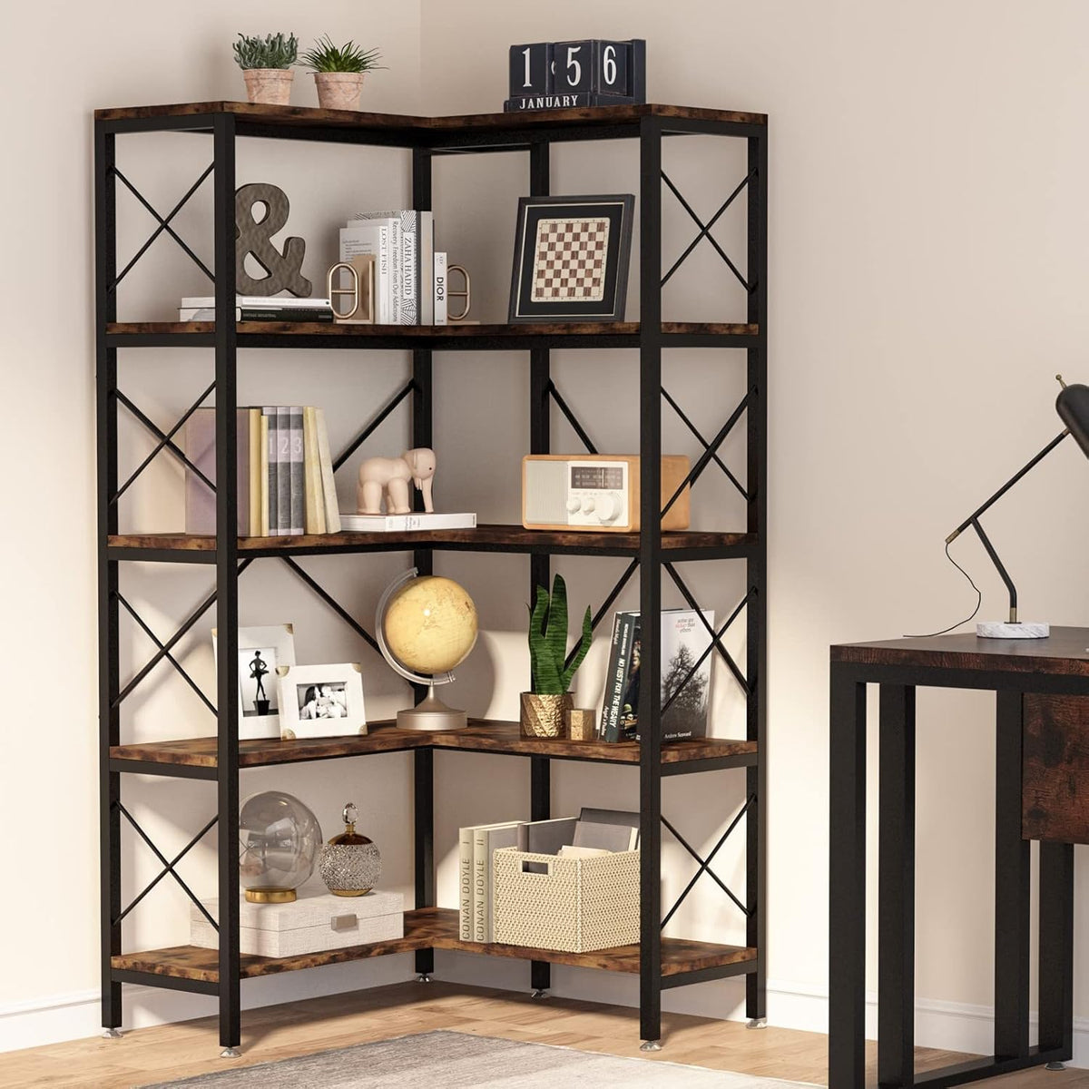 Tribesigns Corner Bookshelf, Large Modern Corner Bookcase, High Corner Shelf Storage Display Rack with Metal Frame for Living Room Home Office (Rustic Brown) (5 Shelves)