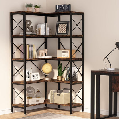Tribesigns Corner Bookshelf, Large Modern Corner Bookcase, High Corner Shelf Storage Display Rack with Metal Frame for Living Room Home Office (Rustic Brown) (5 Shelves)