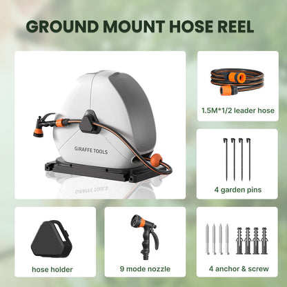 Giraffe Tools Intrekbare slanghaspel met 30 m, zware grondmontage tuinslanghaspel, met 9 functies sproeier en flexibele draaibare basis
