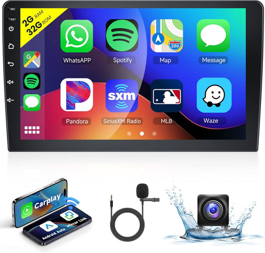 【2+32G】Draadloze Carplay 10,1" Android autoradio 2 Din Android autospiegel link scherm, radio met Bluetooth/Wifi 26 UI FM/RDS stuurbediening GPS EQ MIC met AHD achteruitrijcamera