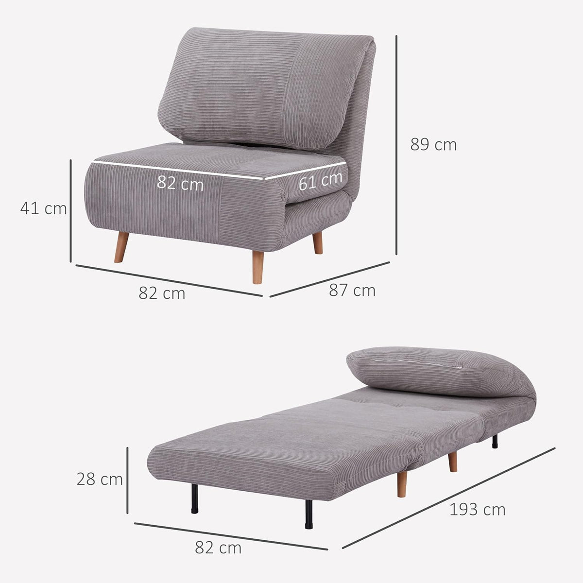 HOMCOM 2-in-1 Sofa Bed, Armchair Bed, Adjustable Folding Mattress Guest Bed, Corduroy Chaise Lounge, for Bedrooms, Living Rooms, Light Grey 82 x 89 x 83 cm - QUORE