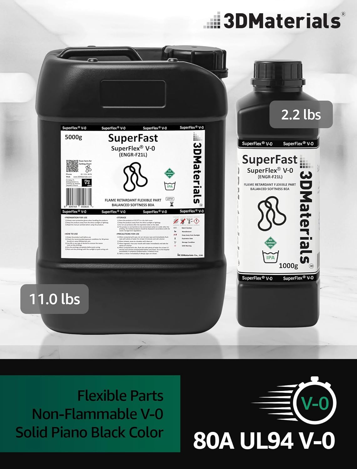 SuperFlex UL94 V-0, hars voor 3D-printers, vuurvaste onderdelen simulatie flexibel rubber 80A, gemaakt in Korea door 3DMaterials (5000 g, transparant)