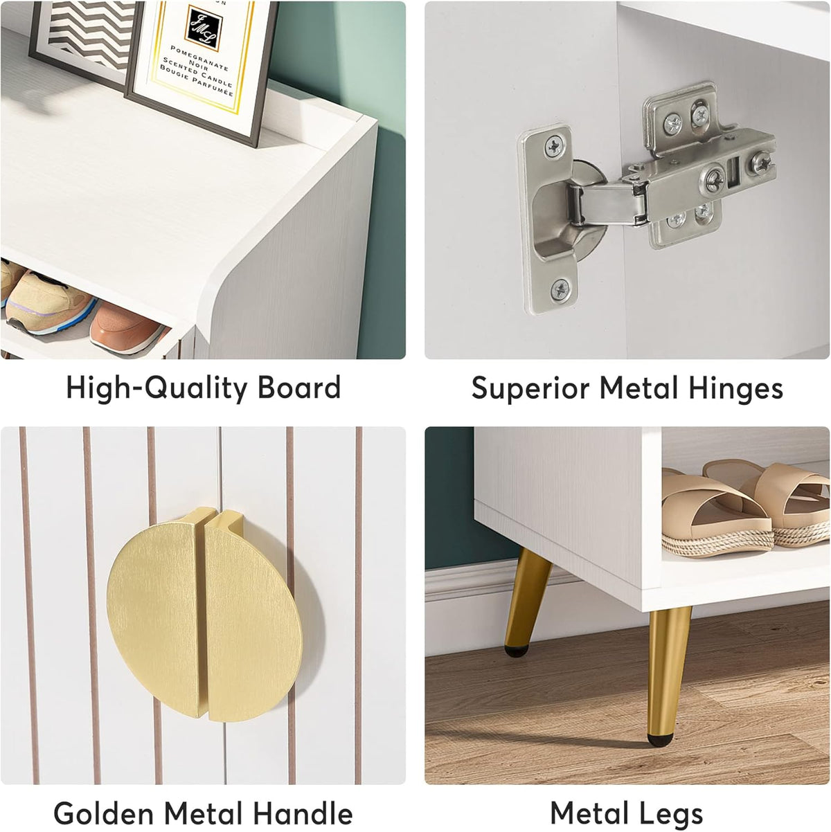 Tribesigns Narrow Shoe Cabinet with 2 Doors, 7 Levels for 25 Pairs, White, 75 x 37 x 110 cm, with Gold Metal Frame, for Entrance, Living Room, Hallway
