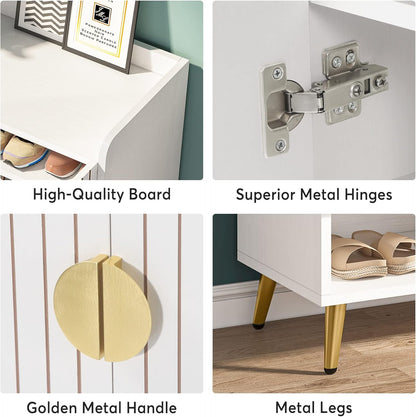 Tribesigns Narrow Shoe Cabinet with 2 Doors, 7 Levels for 25 Pairs, White, 75 x 37 x 110 cm, with Gold Metal Frame, for Entrance, Living Room, Hallway