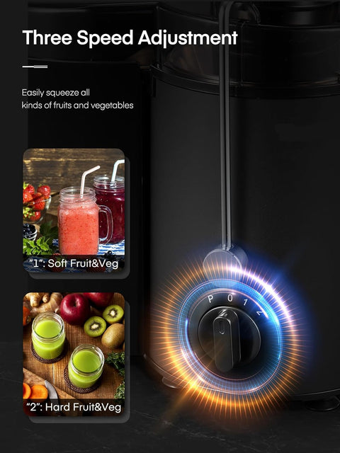 Sapcentrifuge - Slowjuicer - voor Groenten - Fruit - 400W - 65mm Vulopening - 3 Snelheden - Anti-Druppelfunctie - Oververhittingsbeveiliging - RVS - 1.6L - Zwart