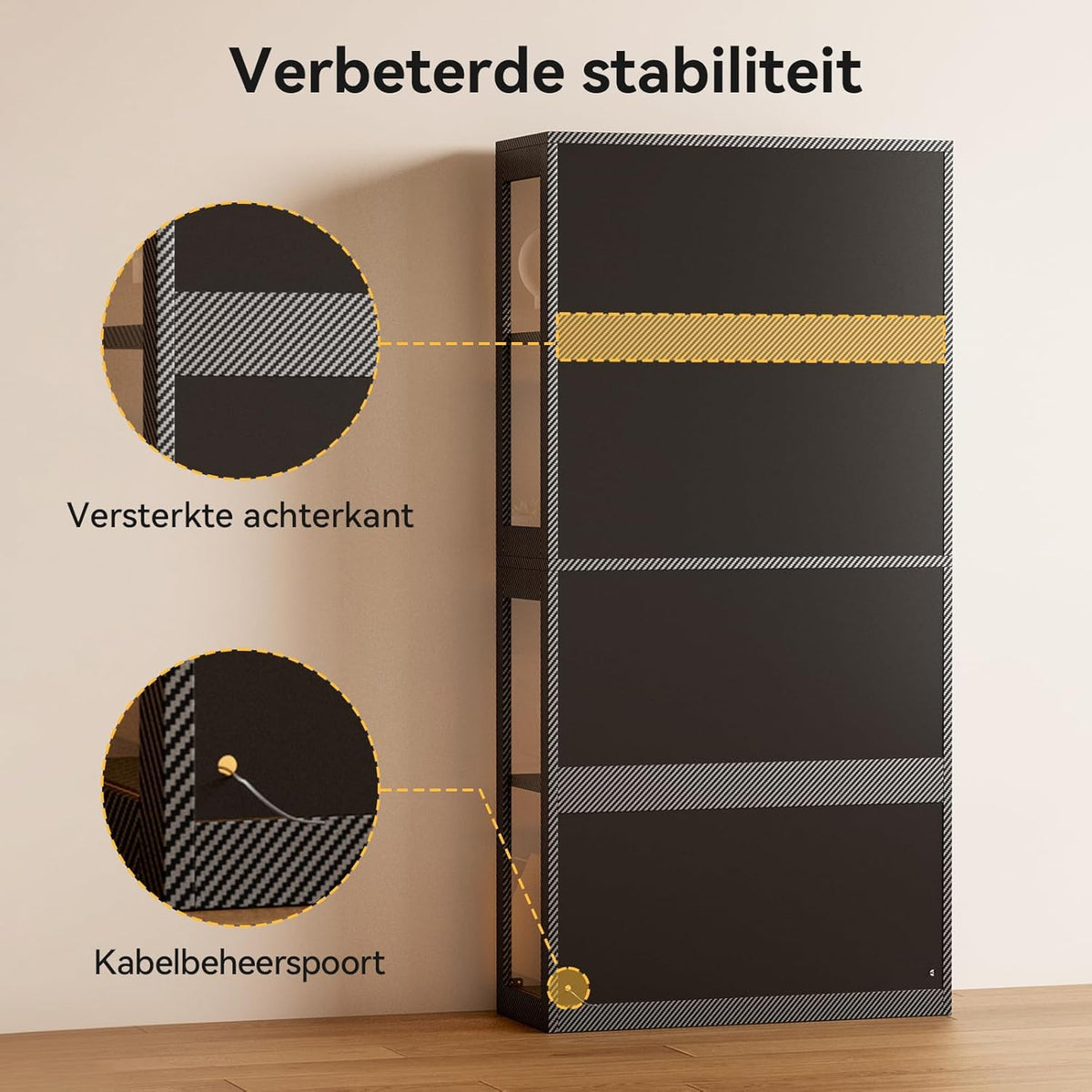 Glazen vitrine zwart – vitrinekast – displaykast – etalagekast – presentatiekast – 4 glazen planken – geïntegreerde ledverlichting