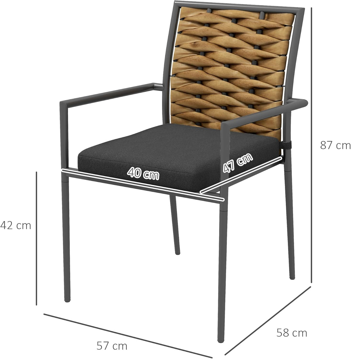 Outsunny 2 Piece Rattan Garden Chair Set with Cushions, Stackable Garden Chair, Balcony Chair for Terrace, Steel, 57 x 58 x 87 cm, Black - QUORE