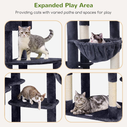 Krabpaal – Kattentoren – Krabmeubel – Kattenboom – XXL Krabpaal – 213 cm Hoog – Donkergrijs – 2 Grote Kattenhuisjes – Sisal Krabpalen – Stabiel En Luxe
