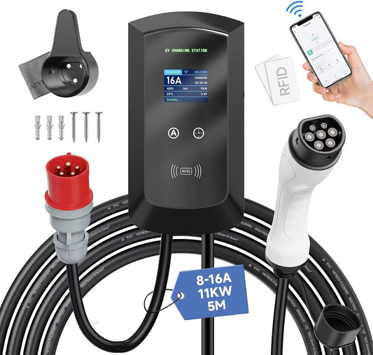 <font dir="auto" style="vertical-align: inherit;"><font dir="auto" style="vertical-align: inherit;">        EV Charger CEE 11kW, 3-Phase, 5m, 8-16A the EV charger Type 2, Mobile Charging Station/Wallbox Charging Cable Type 2 with Digital LCD control for I