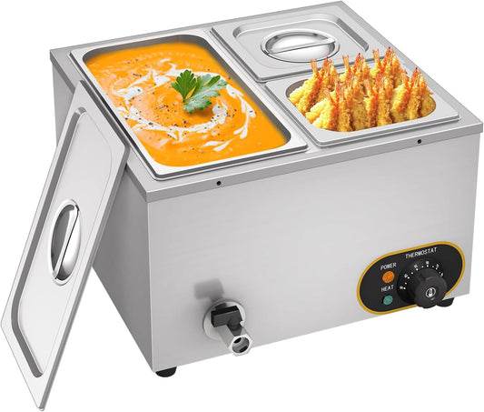 Elektrisch waterbad van roestvrij staal, voedselwarmer buffet, 1 x 1/3 GN container + 2 x 1/6, met deksel, instelbare temperatuur 30 °C - 85 °C