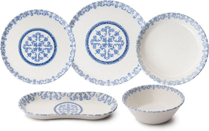 27-delige dinerset, 100% porselein, blauw en wit, inclusief serviesborden, kommen, dessertborden, vaatwasser- en magnetronbestendig, elegante eetervaring
