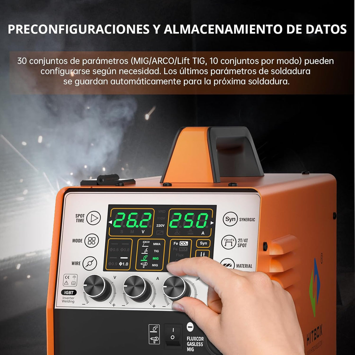 HITBOX 6-in-1 MIG Lasmachine Gas/Gasloos 250A 230V Digitale MIG Inverter met LED Display, Geschikt voor Flux & Massieve Draad, MIG/ARC/Lift TIG, Aluminium Lassen (MIG250)