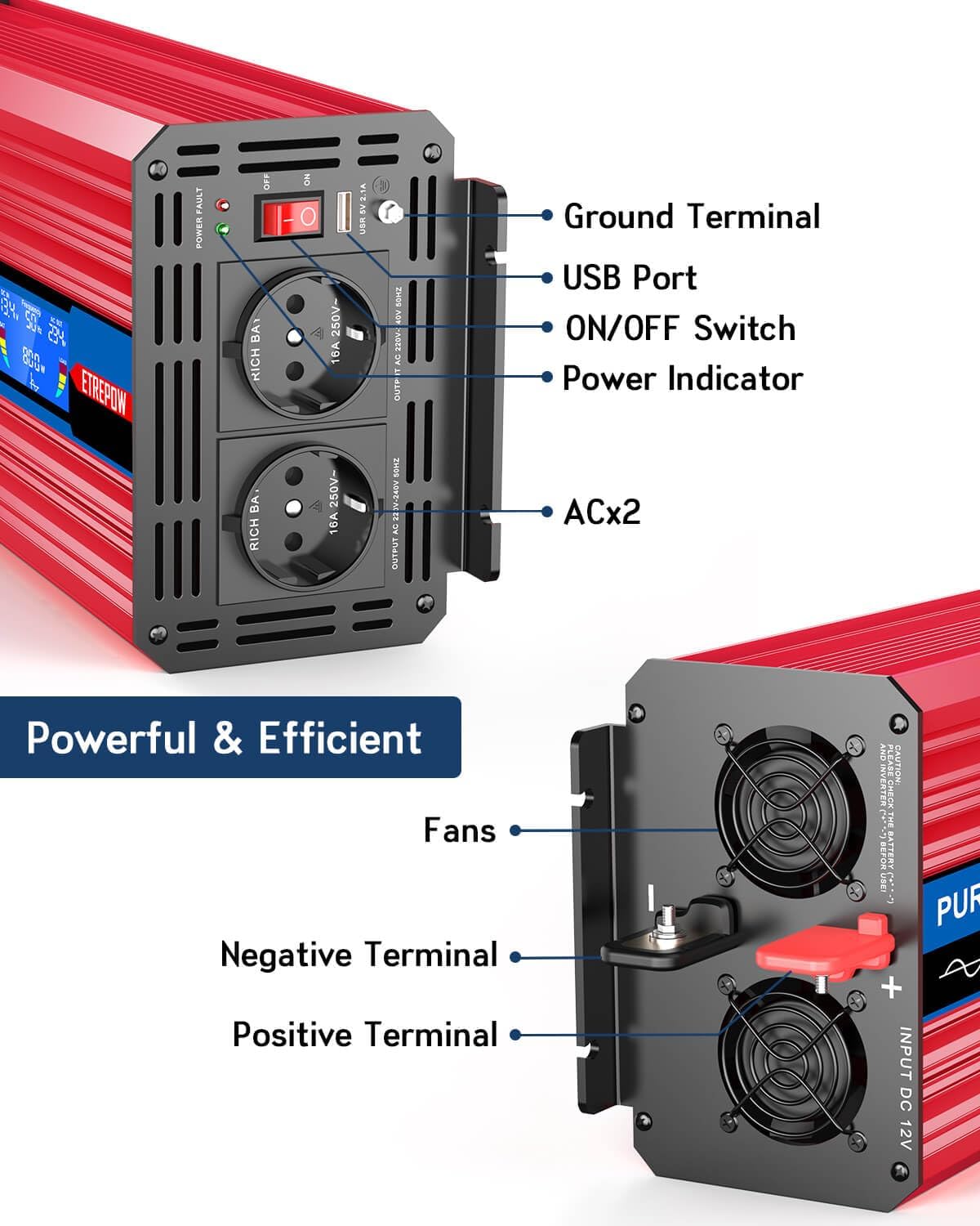 Omvormer 12v naar 230v Zuivere Sinus 3000W Spanningsomvormer met 2 EU Stopcontacten, USB-interface, LCD-Display,Draadloze Afstandsbediening