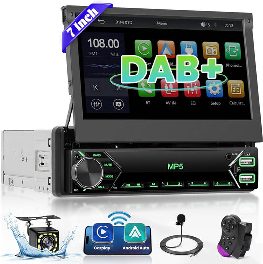 Autoradio 1-DIN – Autoradio Met Scherm – DAB+ Radio – Car Media Speler – 7 Inch Uittrekbaar Touchscreen – Draadloze CarPlay & Android Auto – Achteruitrijcamera & Bluetooth - QUORE